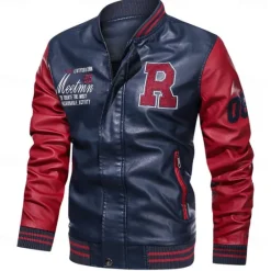 Clearance OUKU Men's Embroidered Bomber Jacket Leather Jacket Winter Baseball Coat Long Sleeve Stand Collar PU Leather Motorcycle Jacket