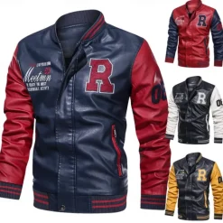Clearance OUKU Men's Embroidered Bomber Jacket Leather Jacket Winter Baseball Coat Long Sleeve Stand Collar PU Leather Motorcycle Jacket