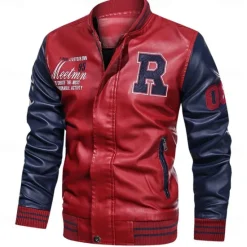 Clearance OUKU Men's Embroidered Bomber Jacket Leather Jacket Winter Baseball Coat Long Sleeve Stand Collar PU Leather Motorcycle Jacket