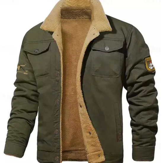 Sale OUKU Men's Embroidered Fleece Jacket Cargo Jacket Cow Print Turndown Collar Long Sleeve Military Tactical Jacket Vintage Thermal Warm Winter Outwear Multiple Pockets Button Front Cotton Coat