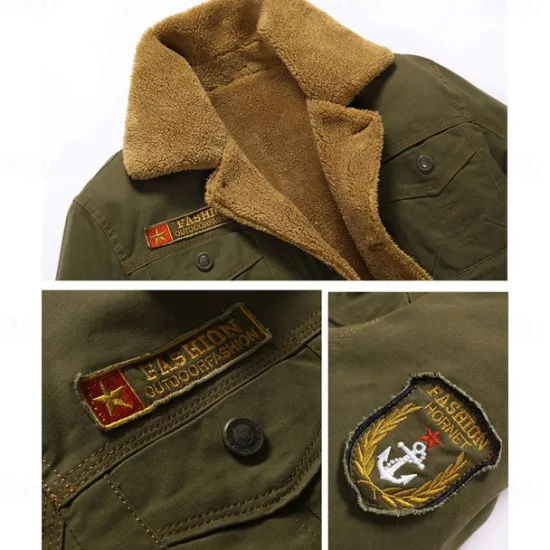 Sale OUKU Men's Embroidered Fleece Jacket Cargo Jacket Cow Print Turndown Collar Long Sleeve Military Tactical Jacket Vintage Thermal Warm Winter Outwear Multiple Pockets Button Front Cotton Coat
