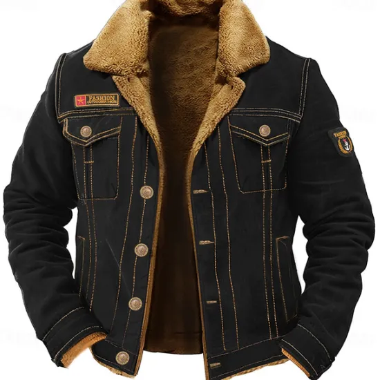 Outlet OUKU Men's Embroidered Fleece Jacket Cargo Jacket Turndown Collar Long Sleeve Military Tactical Jacket Vintage Thermal Warm Winter Outwear Multiple Pockets Button Front Cotton Coat Black Army Green