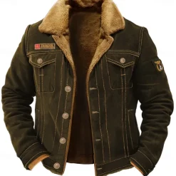Outlet OUKU Men's Embroidered Fleece Jacket Cargo Jacket Turndown Collar Long Sleeve Military Tactical Jacket Vintage Thermal Warm Winter Outwear Multiple Pockets Button Front Cotton Coat Black Army Green