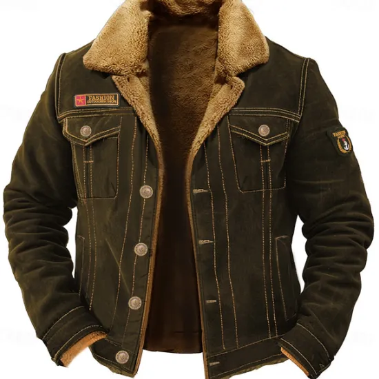 Outlet OUKU Men's Embroidered Fleece Jacket Cargo Jacket Turndown Collar Long Sleeve Military Tactical Jacket Vintage Thermal Warm Winter Outwear Multiple Pockets Button Front Cotton Coat Black Army Green