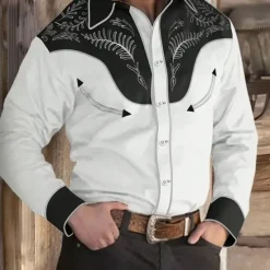 Discount OUKU Men's Ethnic Baroque Scrollwork Shirt Western Shirt Cowboy Shirt Long Sleeve Vintage Retro Outdoor Vacation Spring Fall Turndown 3D Print Linen Like Shirt White 1 White