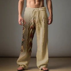 Sale OUKU Men's Ethnic Linen Pants Pants Trousers Baggy Pants Mid Waist Vintage Outdoor Daily Wear Streetwear Fall & Winter Blue Green Khaki