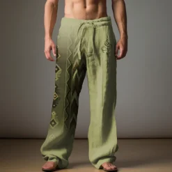 Sale OUKU Men's Ethnic Linen Pants Pants Trousers Baggy Pants Mid Waist Vintage Outdoor Daily Wear Streetwear Fall & Winter Blue Green Khaki