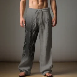 Sale OUKU Men's Ethnic Linen Pants Pants Trousers Baggy Pants Mid Waist Vintage Outdoor Daily Wear Streetwear Fall & Winter Blue Green Khaki