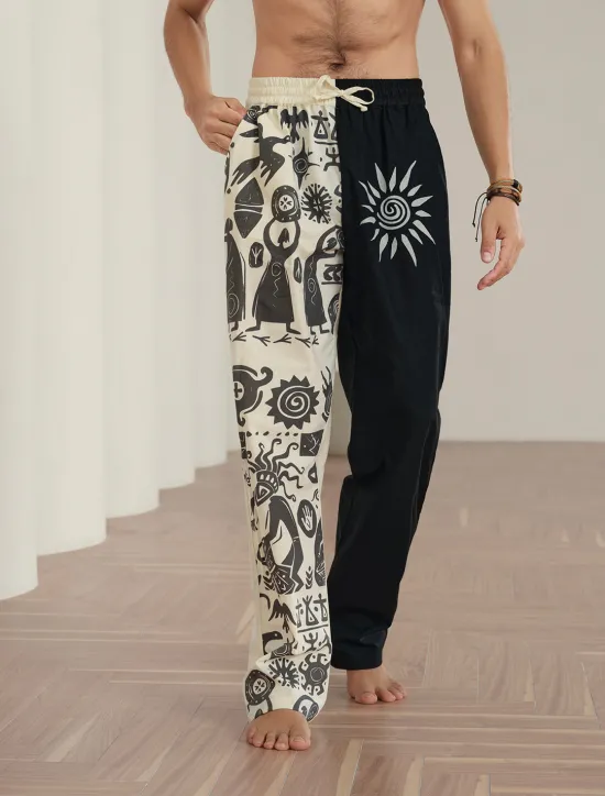 Outlet OUKU Men's Ethnic Linen Pants Trousers Summer Pants Mid Waist Vintage Ethnic Style Casual Daily Holiday Drawstring Elastic Waist 3D Print Spring & Summer 3D Print Black Blue Khaki