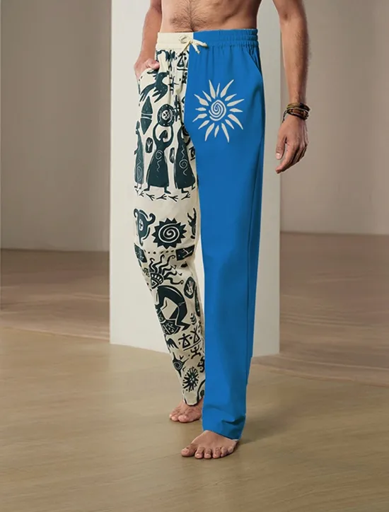 Outlet OUKU Men's Ethnic Linen Pants Trousers Summer Pants Mid Waist Vintage Ethnic Style Casual Daily Holiday Drawstring Elastic Waist 3D Print Spring & Summer 3D Print Black Blue Khaki