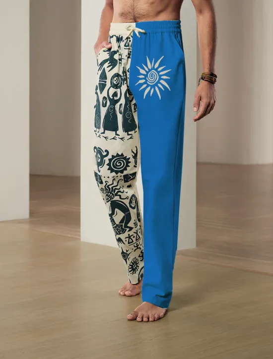 Outlet OUKU Men's Ethnic Linen Pants Trousers Summer Pants Mid Waist Vintage Ethnic Style Casual Daily Holiday Drawstring Elastic Waist 3D Print Spring & Summer 3D Print Black Blue Khaki
