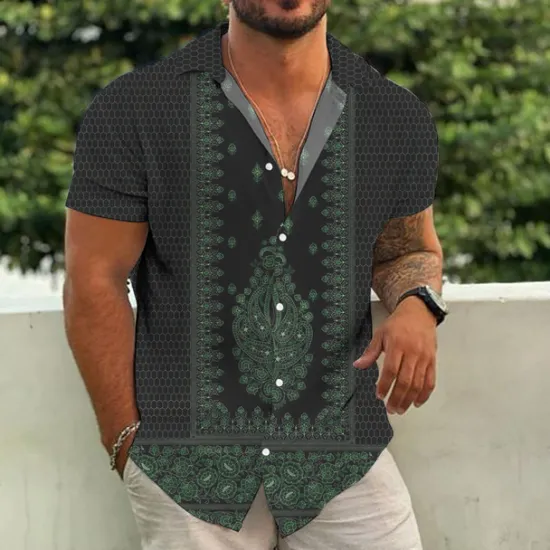 Best OUKU Men's Ethnic Shirt Boho Shirt Short Sleeve Tropical Fashion Hawaiian Casual Holiday Beach Summer Spring Turndown Print Button-Down Black Yellow Army Green Red Blue