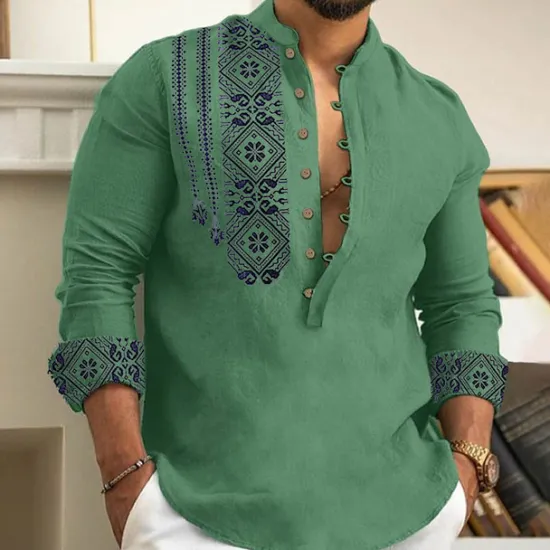 Outlet OUKU Men's Ethnic Shirt Button Up Shirt Long Sleeve Fashion Streetwear Designer Outdoor Street Daily Summer Spring Fall Stand Collar Print White Pink Blue Green Gray
