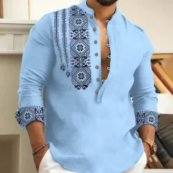 Outlet OUKU Men's Ethnic Shirt Button Up Shirt Long Sleeve Fashion Streetwear Designer Outdoor Street Daily Summer Spring Fall Stand Collar Print White Pink Blue Green Gray