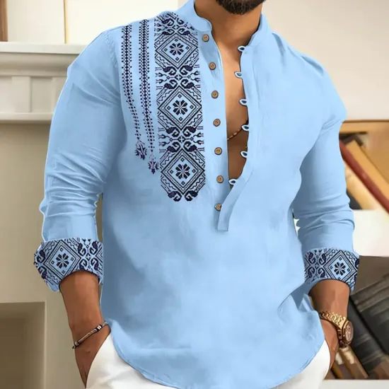 Outlet OUKU Men's Ethnic Shirt Button Up Shirt Long Sleeve Fashion Streetwear Designer Outdoor Street Daily Summer Spring Fall Stand Collar Print White Pink Blue Green Gray