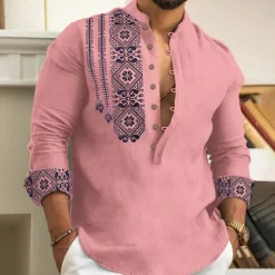 Outlet OUKU Men's Ethnic Shirt Button Up Shirt Long Sleeve Fashion Streetwear Designer Outdoor Street Daily Summer Spring Fall Stand Collar Print White Pink Blue Green Gray