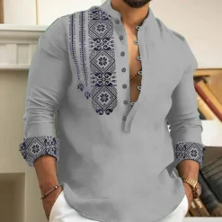 Outlet OUKU Men's Ethnic Shirt Button Up Shirt Long Sleeve Fashion Streetwear Designer Outdoor Street Daily Summer Spring Fall Stand Collar Print White Pink Blue Green Gray