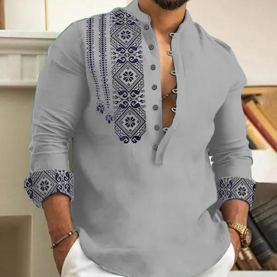 Outlet OUKU Men's Ethnic Shirt Button Up Shirt Long Sleeve Fashion Streetwear Designer Outdoor Street Daily Summer Spring Fall Stand Collar Print White Pink Blue Green Gray