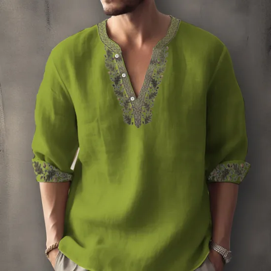 Clearance OUKU Men's Ethnic Shirt Linen Shirt Long Sleeve Fashion Streetwear Designer Outdoor Daily Going out Spring & Summer Stand Collar Print Yellow Light Green Pink Red Navy Blue