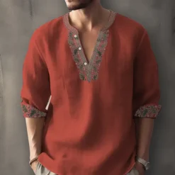 Clearance OUKU Men's Ethnic Shirt Linen Shirt Long Sleeve Fashion Streetwear Designer Outdoor Daily Going out Spring & Summer Stand Collar Print Yellow Light Green Pink Red Navy Blue