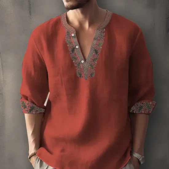 Clearance OUKU Men's Ethnic Shirt Linen Shirt Long Sleeve Fashion Streetwear Designer Outdoor Daily Going out Spring & Summer Stand Collar Print Yellow Light Green Pink Red Navy Blue