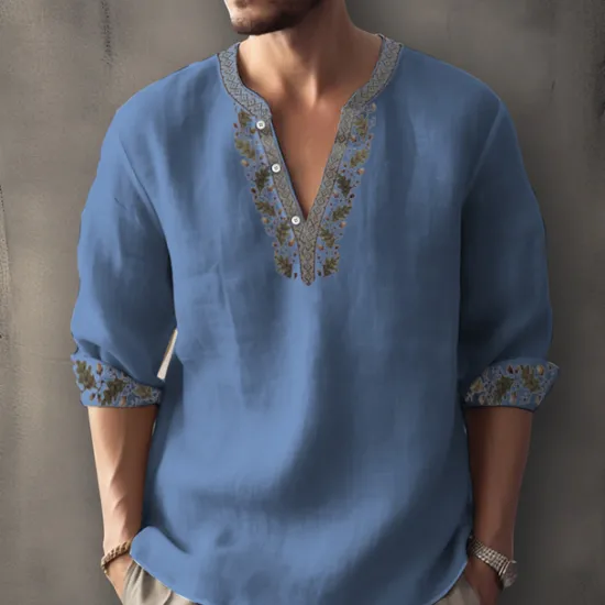 Clearance OUKU Men's Ethnic Shirt Linen Shirt Long Sleeve Fashion Streetwear Designer Outdoor Daily Going out Spring & Summer Stand Collar Print Yellow Light Green Pink Red Navy Blue