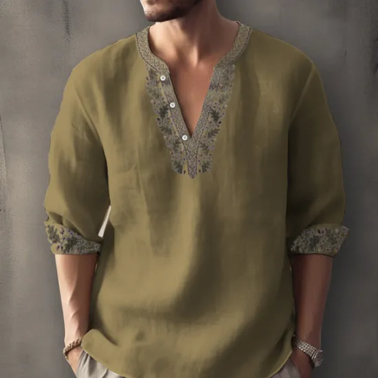 Clearance OUKU Men's Ethnic Shirt Linen Shirt Long Sleeve Fashion Streetwear Designer Outdoor Daily Going out Spring & Summer Stand Collar Print Yellow Light Green Pink Red Navy Blue