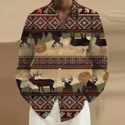 Best OUKU Men's Ethnic Shirt Long Sleeve Vintage Tribal Daily Wear Going out Fall & Winter Turndown Print Button-Down Burgundy Blue Brown