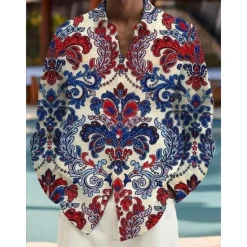 Best OUKU Men's Ethnic Shirt Long Sleeve Vintage Tribal Daily Wear Going out Fall & Winter Turndown Print Button-Down Burgundy Blue Brown