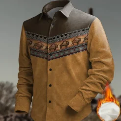 Clearance OUKU Men's Ethnic Shirt Western Shirt Cowboy Shirt Long Sleeve Vintage Tribal Vacation Daily Wear Going out Fall & Winter Turndown Print Button-Down Fleece Brown Gray