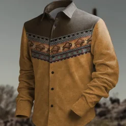 Clearance OUKU Men's Ethnic Shirt Western Shirt Cowboy Shirt Long Sleeve Vintage Tribal Vacation Daily Wear Going out Fall & Winter Turndown Print Button-Down Fleece Brown Gray