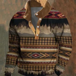 Hot OUKU Men's Ethnic Sweatshirt Sweatshirt Long Sleeve Sweatshirt Stand Collar Daily Ethnic Print Holiday Buttons Winter Spring & Fall Brown