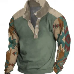 Clearance OUKU Men's Ethnic Sweatshirt Sweatshirt Sweatshirt Quarter Zip Daily Ethnic Holiday Print Holiday 1/4 Zip Winter Spring & Fall Green