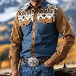 Sale OUKU Men's Ethnic Western Shirt Cowboy Shirt Long Sleeve Western Casual Spring Fall Turndown Button Up Pocket Blue