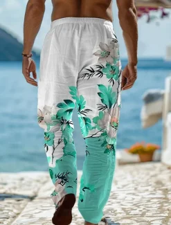 Sale OUKU Men's Fashion Casual Floral 3D Print Mid Waist Casual Regular Fit