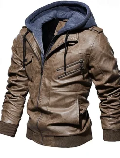 Online OUKU Men's Faux Leather Jacket Biker Jacket Red Leather Jacket Daily Vacation Windproof Warm Splice Fall & Winter Plain Fashion Classic Hooded Regular Faux Leather Black Wine Khaki Dark Gray Coffee Jacket