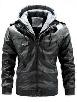 Online OUKU Men's Faux Leather Jacket Biker Jacket Red Leather Jacket Daily Vacation Windproof Warm Splice Fall & Winter Plain Fashion Classic Hooded Regular Faux Leather Black Wine Khaki Dark Gray Coffee Jacket