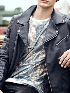 Outlet OUKU Men's Faux Leather Jacket Transition Jacket Biker Jacket Motorcycle Jacket Vacation Daily Windproof Warm Pocket Fall & Winter Plain Fashion Classic Lapel Regular Black Dark Blue Jacket