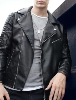 Outlet OUKU Men's Faux Leather Jacket Transition Jacket Biker Jacket Motorcycle Jacket Vacation Daily Windproof Warm Pocket Fall & Winter Plain Fashion Classic Lapel Regular Black Dark Blue Jacket