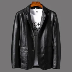 Sale OUKU Men's Faux Leather Jacket Pea Coat Blazer Outdoor Daily Wear Warm Button Pocket Fall Winter Plain Fashion Streetwear Lapel Regular Wine Black Coffee Jacket