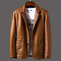Sale OUKU Men's Faux Leather Jacket Pea Coat Blazer Outdoor Daily Wear Warm Button Pocket Fall Winter Plain Fashion Streetwear Lapel Regular Wine Black Coffee Jacket