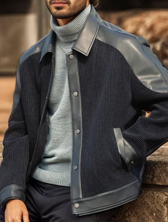 Outlet OUKU Men's Faux Leather Jacket Corduroy Jacket Transition Jacket Casual Jacket Vacation Daily Warm Pocket Fall & Winter Plain Fashion Classic Lapel Regular Jacket Black