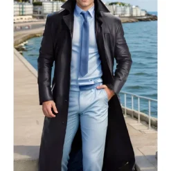 Online OUKU Men's Faux Leather Jacket Transition Jacket Trench Coat Long Trench Coat Vacation Daily Fall & Winter PU Leather Thermal Warm Windproof Outerwear Clothing Apparel Fashion Classic Plain Pocket Lapel