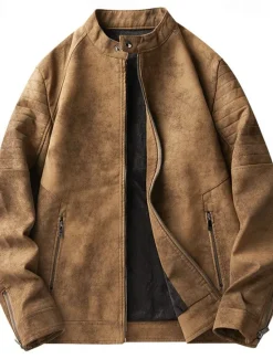 Best OUKU Men's Faux Leather Jacket Fleece Jacket Biker Jacket Vintage Leather Jacket Daily Vacation Windproof Warm Pocket Fall & Winter Plain Fashion Classic Stand Collar Regular Black Brown Green Jacket