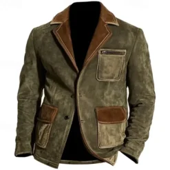 Clearance OUKU Men's Faux Leather Jacket Faux Suede Jacket Blazer Formal Office Windbreaker Pocket Winter Spring & Fall Color Block Vintage Fashion Shirt Collar Regular Jacket Green