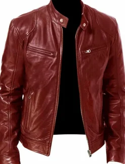 Outlet OUKU Men's Faux Leather Jacket Transition Jacket Biker Jacket Motorcycle Jacket Daily Thermal Warm Rain Waterproof Fall & Winter Solid Colored Stand Collar Regular Regular Fit Silver Black White Yellow