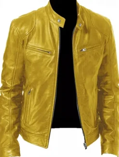 Outlet OUKU Men's Faux Leather Jacket Transition Jacket Biker Jacket Motorcycle Jacket Daily Thermal Warm Rain Waterproof Fall & Winter Solid Colored Stand Collar Regular Regular Fit Silver Black White Yellow