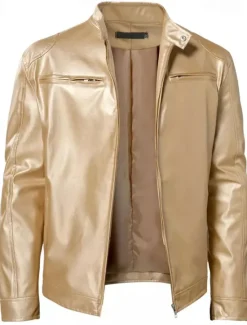 Outlet OUKU Men's Faux Leather Jacket Transition Jacket Biker Jacket Motorcycle Jacket Daily Thermal Warm Rain Waterproof Fall & Winter Solid Colored Stand Collar Regular Regular Fit Silver Black White Yellow