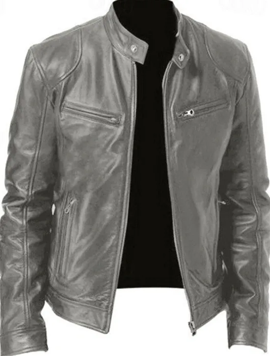 Outlet OUKU Men's Faux Leather Jacket Transition Jacket Biker Jacket Motorcycle Jacket Daily Thermal Warm Rain Waterproof Fall & Winter Solid Colored Stand Collar Regular Regular Fit Silver Black White Yellow