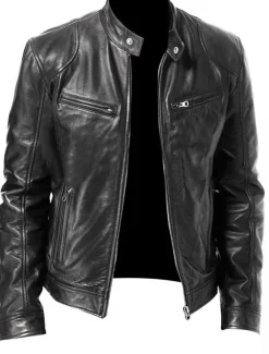 Outlet OUKU Men's Faux Leather Jacket Transition Jacket Biker Jacket Motorcycle Jacket Daily Thermal Warm Rain Waterproof Fall & Winter Solid Colored Stand Collar Regular Regular Fit Silver Black White Yellow